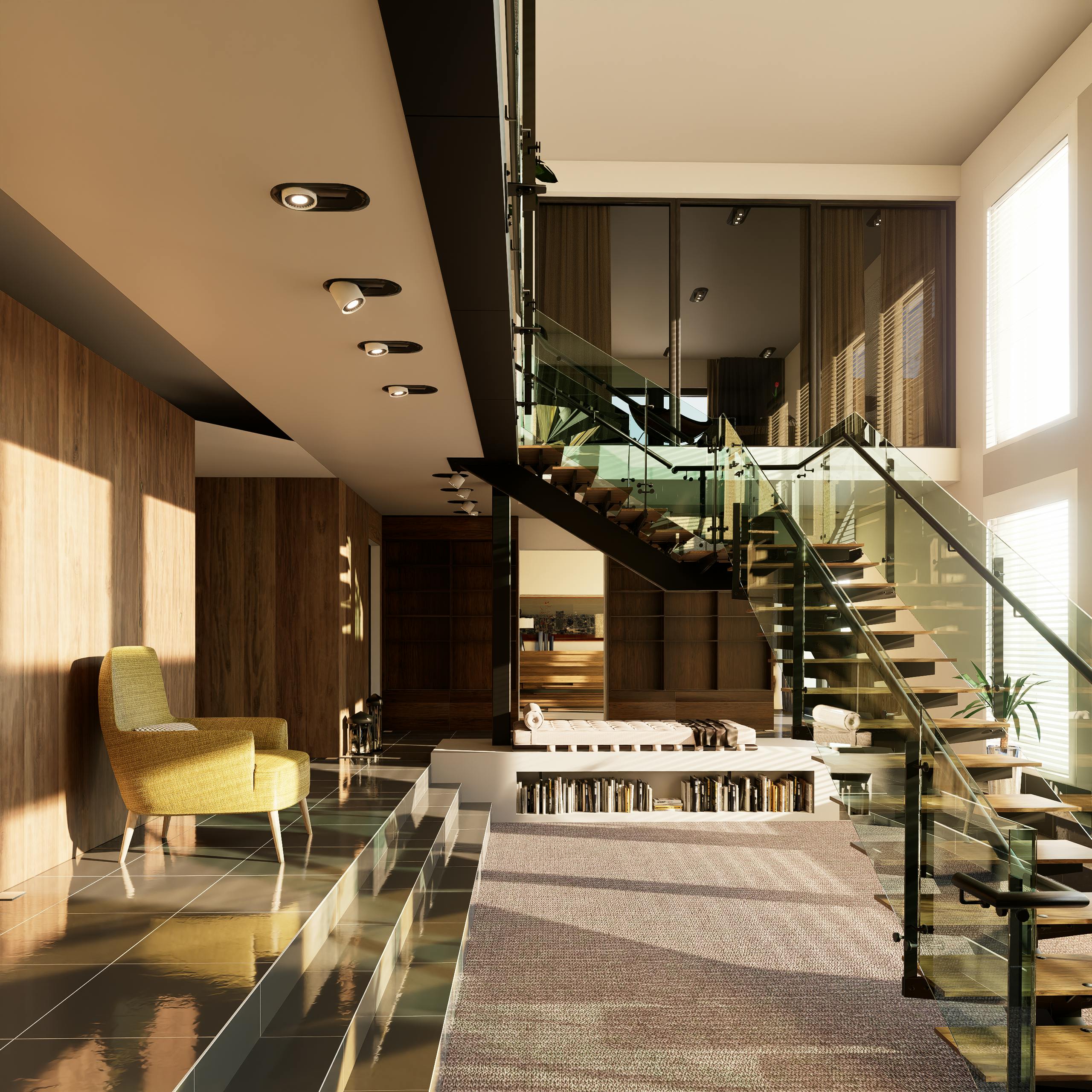 A spacious modern Indian interior featuring glass staircases, wood finish, and a cozy ambiance.